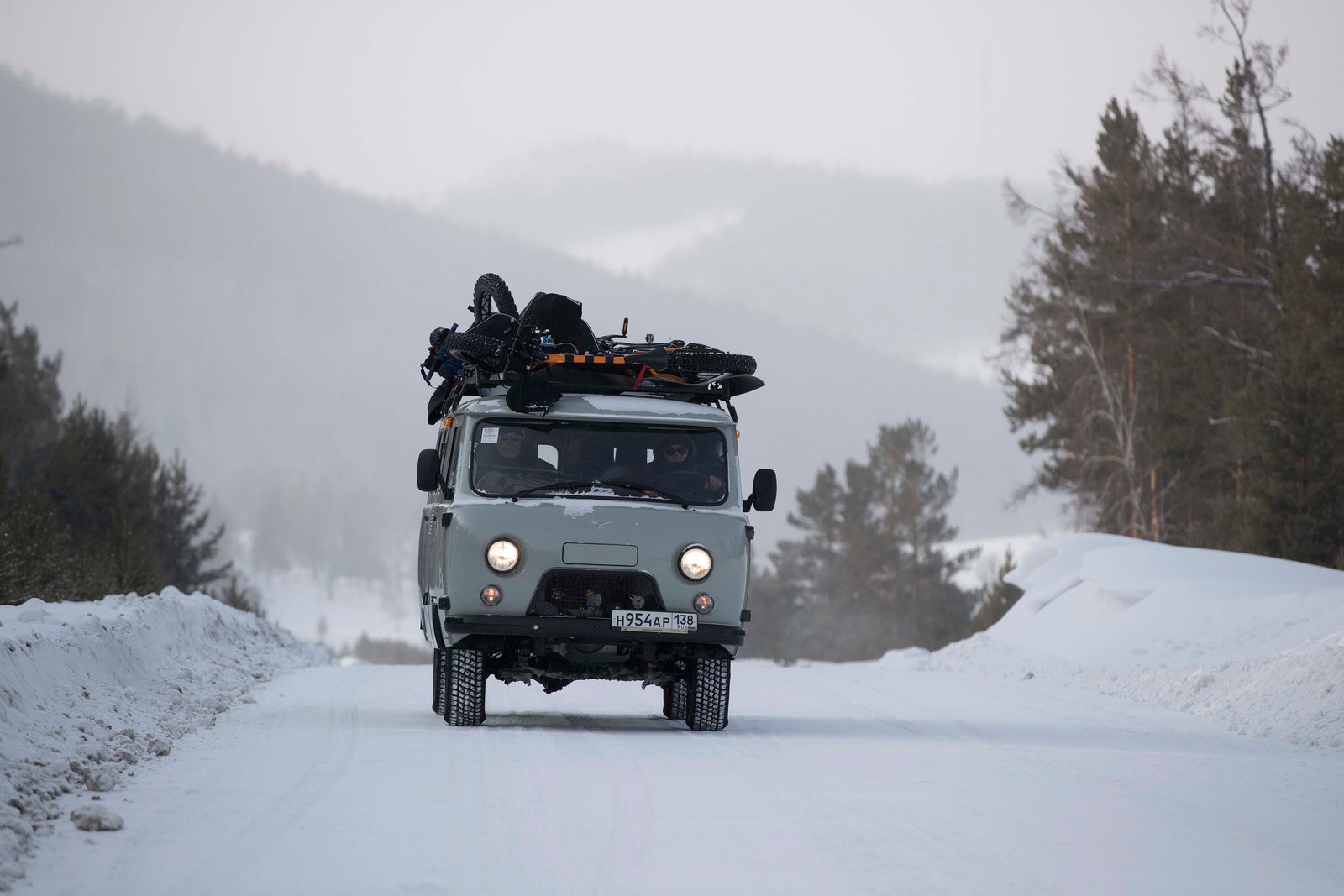 uaz car driving on lake baikals roads